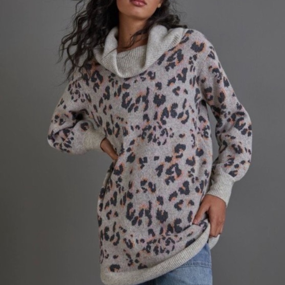 Anthropology cowl neck long sweater or dress rainbow leopard print - Picture 2 of 7
